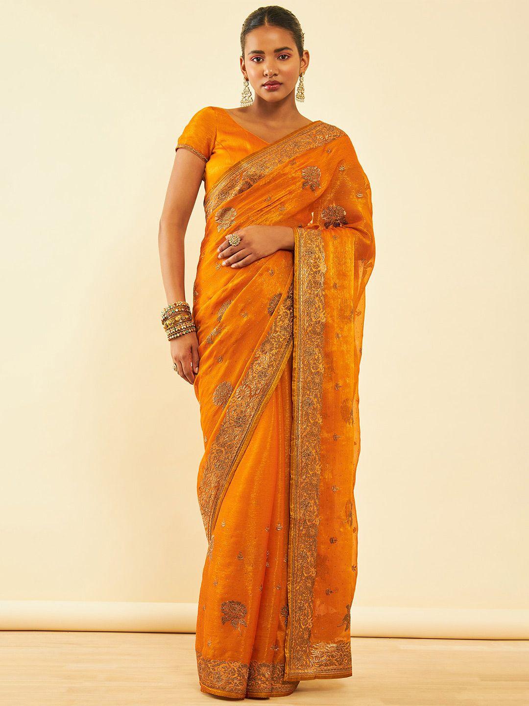 soch mustard yellow floral embroidered zari pure chiffon saree