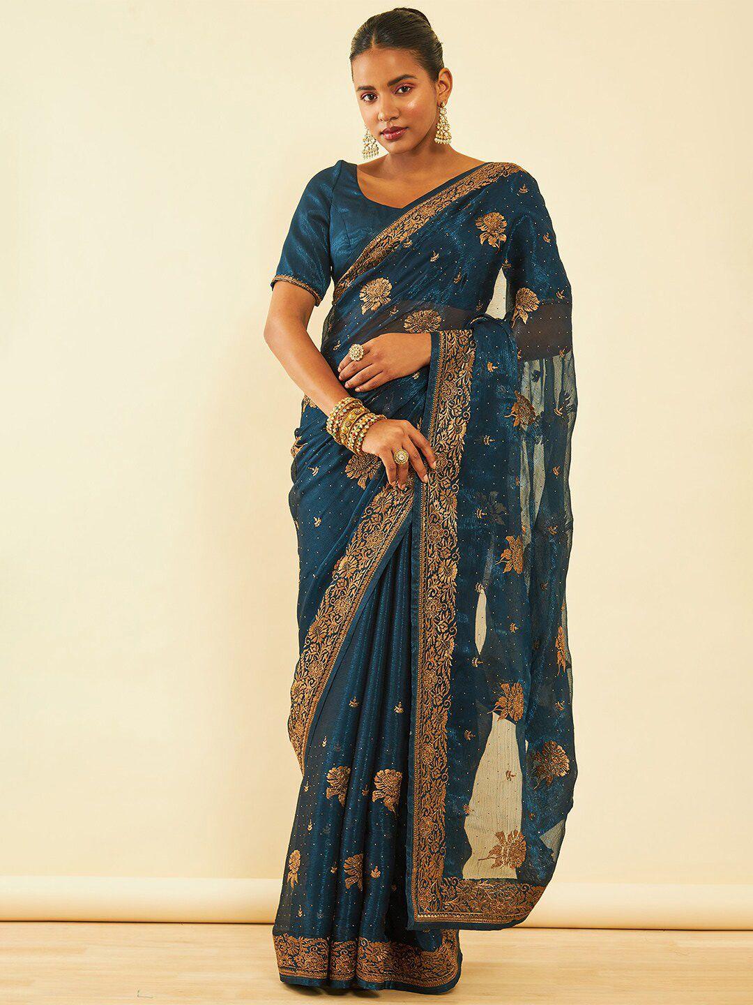 soch blue floral embroidered zari pure chiffon saree