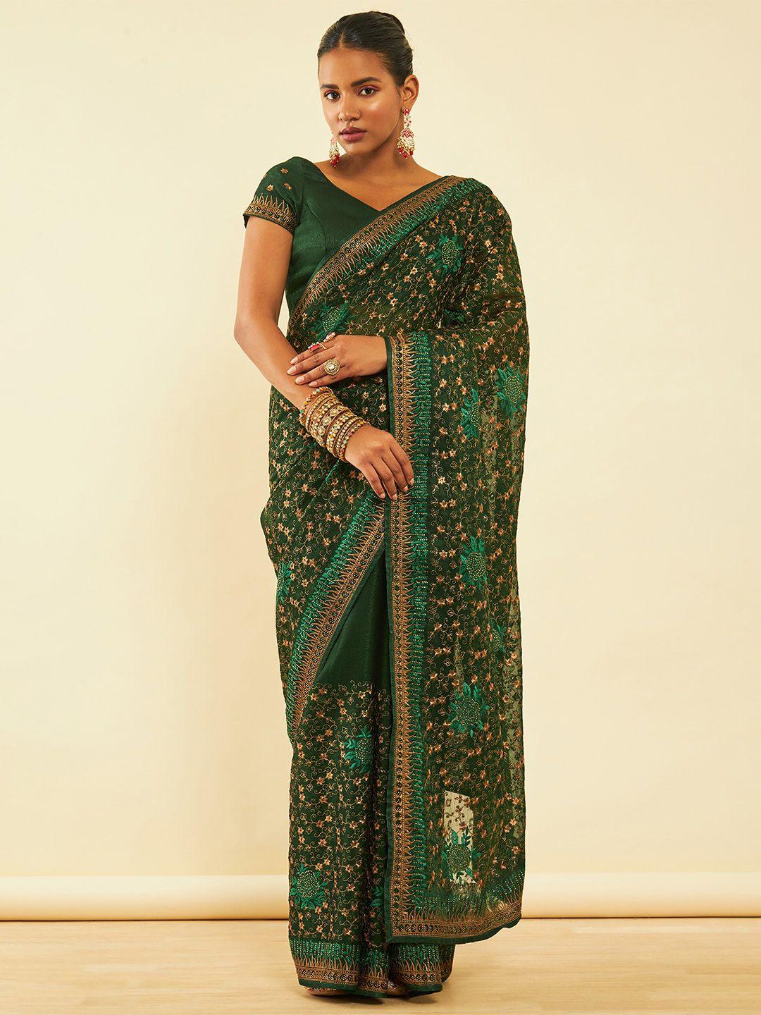 soch green floral embroidered zari pure chiffon fusion saree