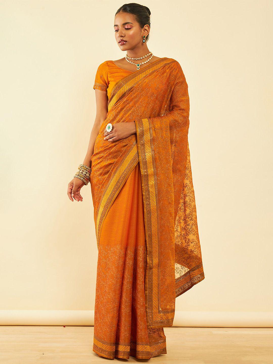 soch mustard yellow floral embroidered zari pure chiffon saree