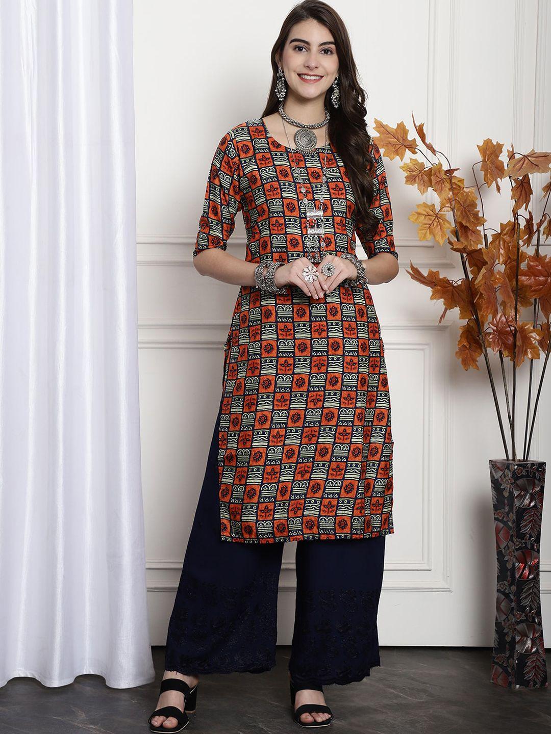 kalini ethnic motifs printed round neck short sleeves crepe straight kurta