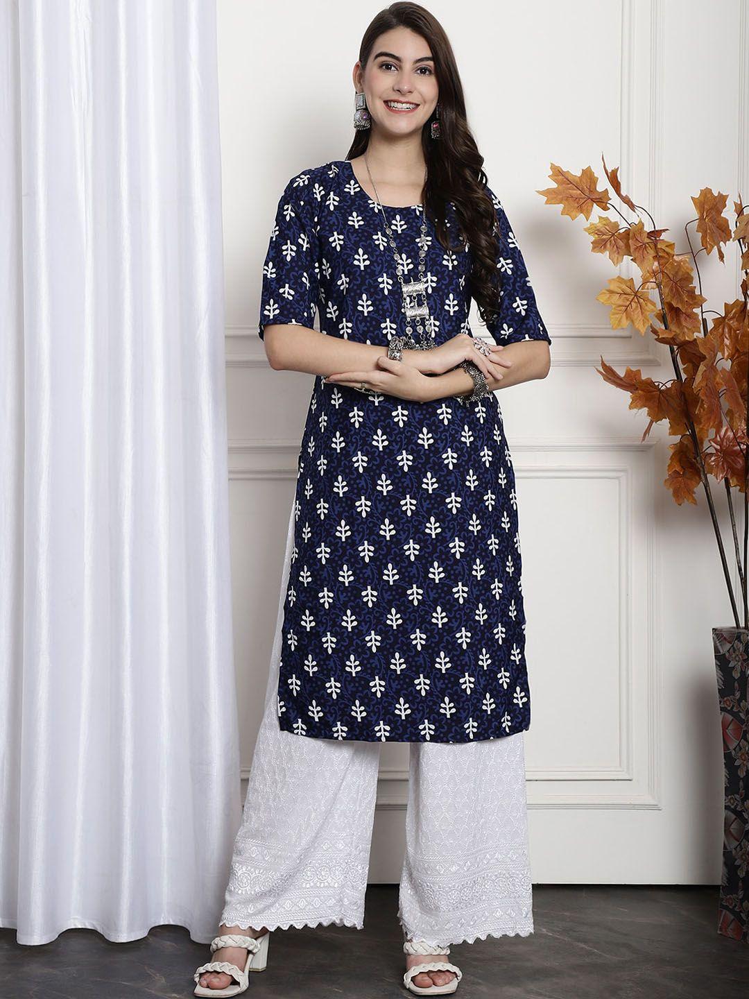 kalini ethnic motifs printed round neck short sleeves crepe straight kurta