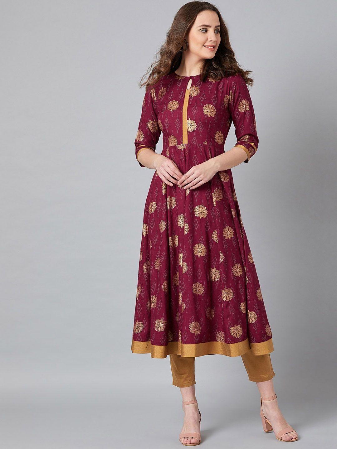 panit maroon ethnic motifs printed keyhole neck anarkali kurta