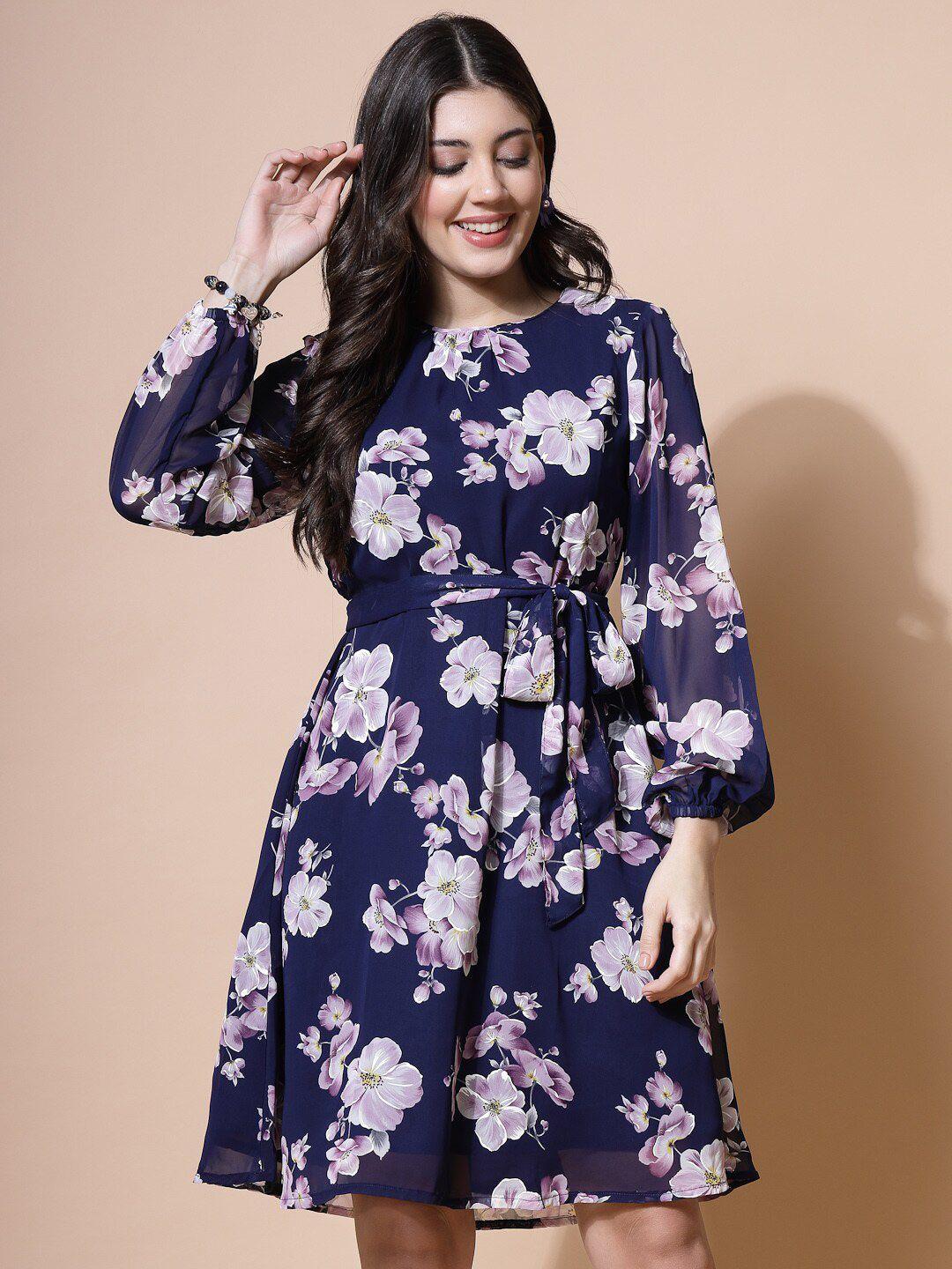 chanira la parezza floral printed puff sleeve fit & flare tie-up dress