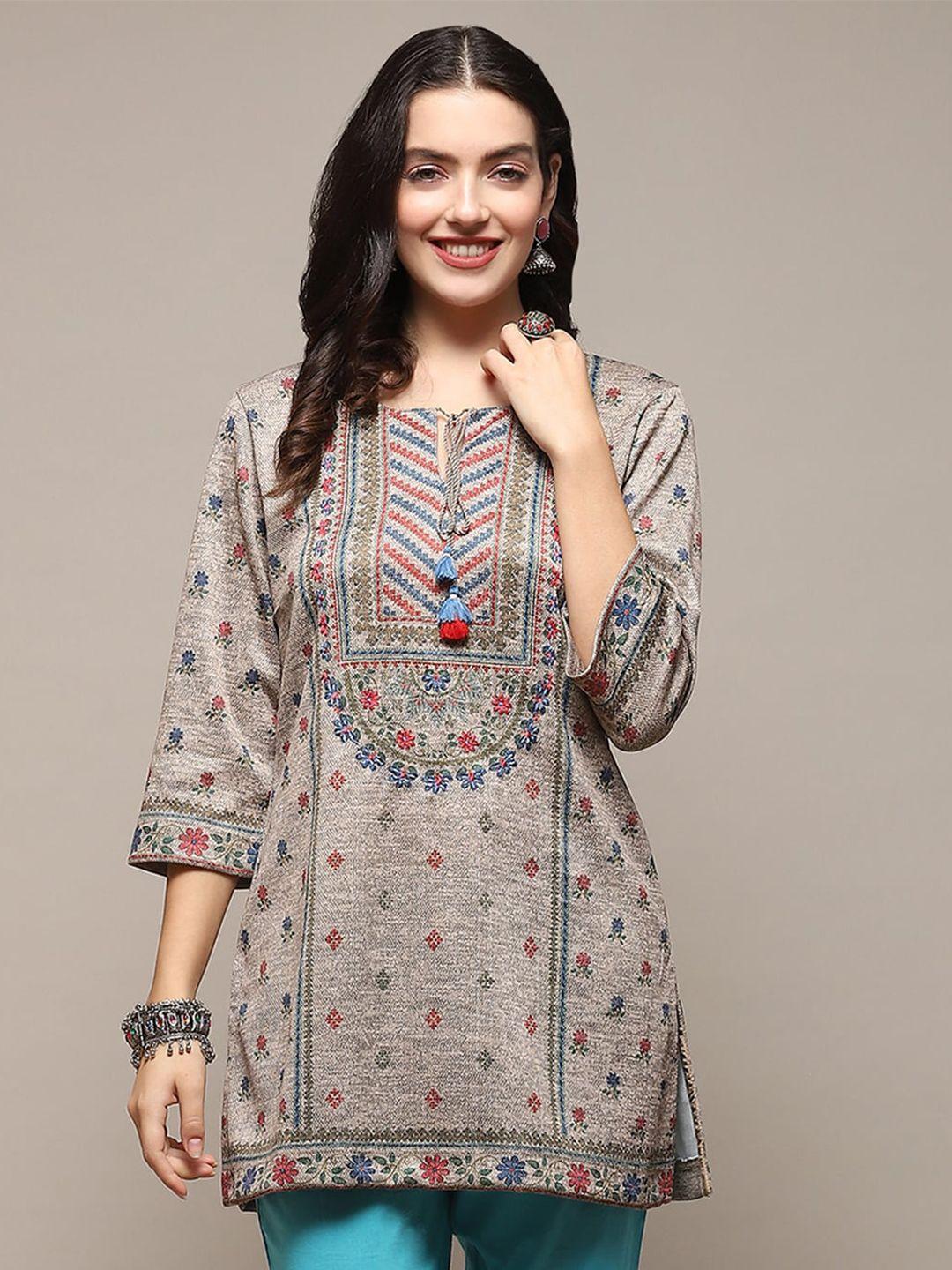 biba floral embroidered tie up neck straight kurti