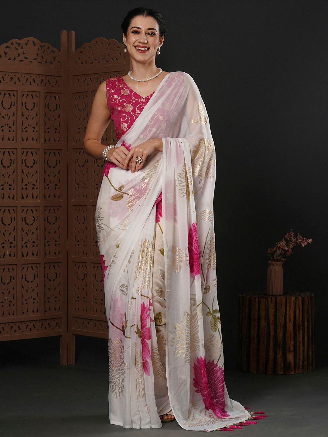 anouk white & pink floral printed pure georgette saree