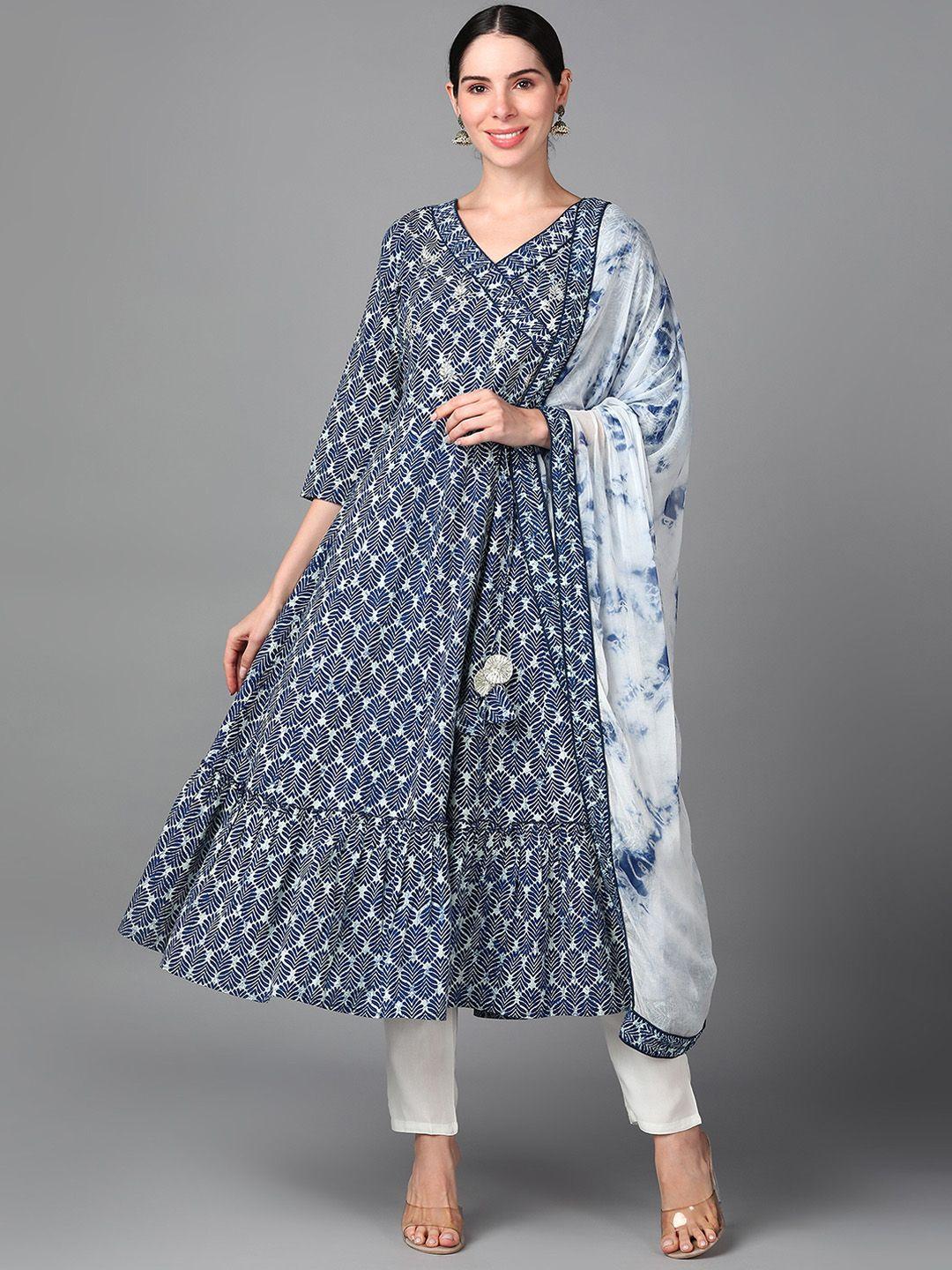 aayumi ethnic motifs printed thread work anarkali kurta with trousers & dupatta