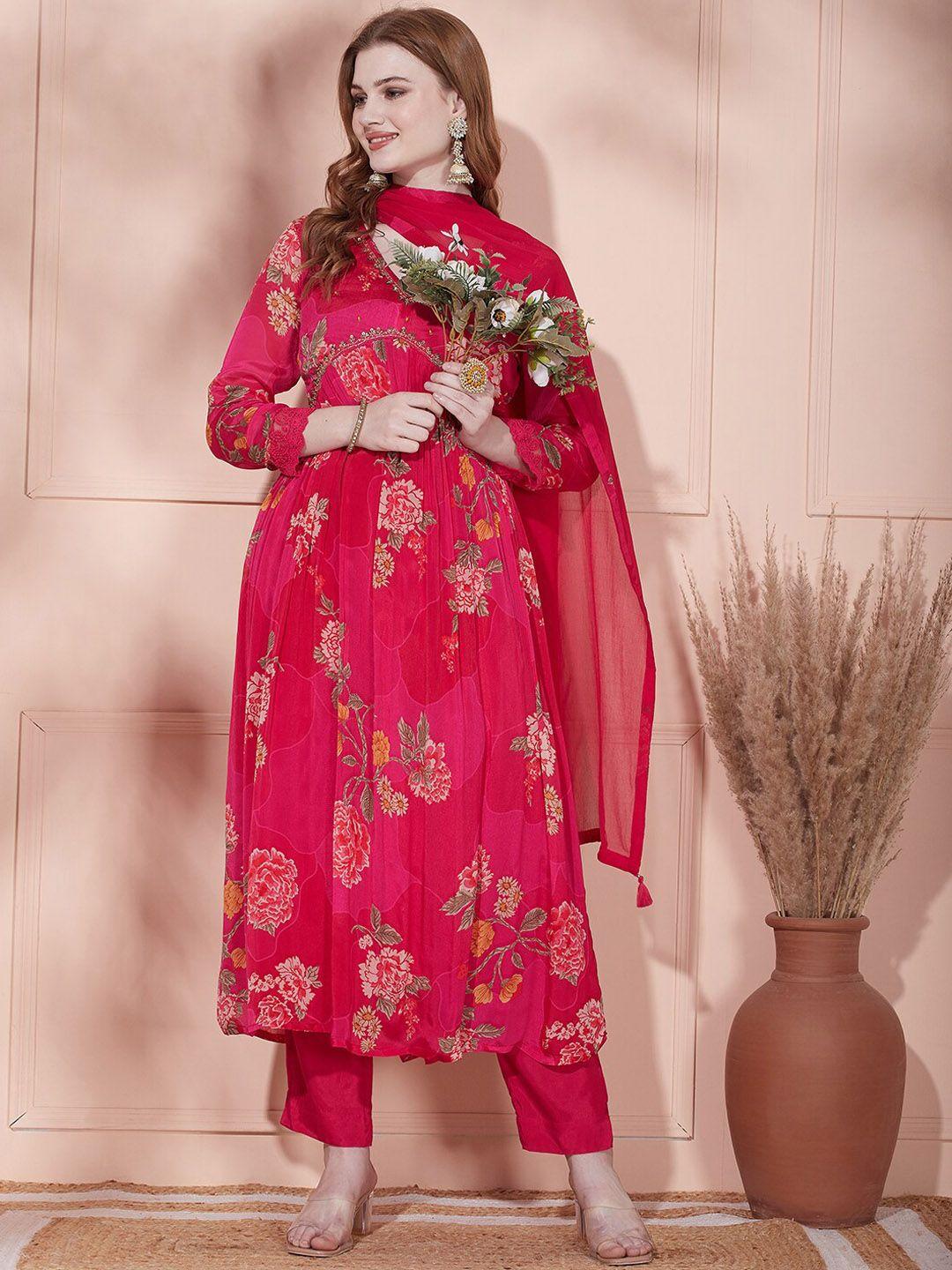 fashor floral printed pleated thread work kurta with trousers & dupatta