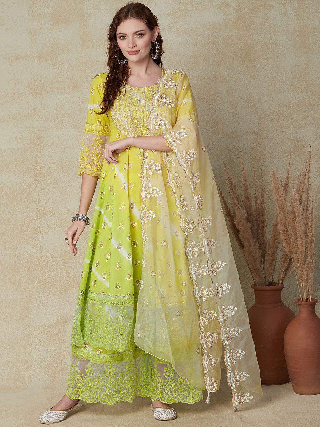 fashor ethnic motifs printed thread work a-line kurta with sharara & with dupatta