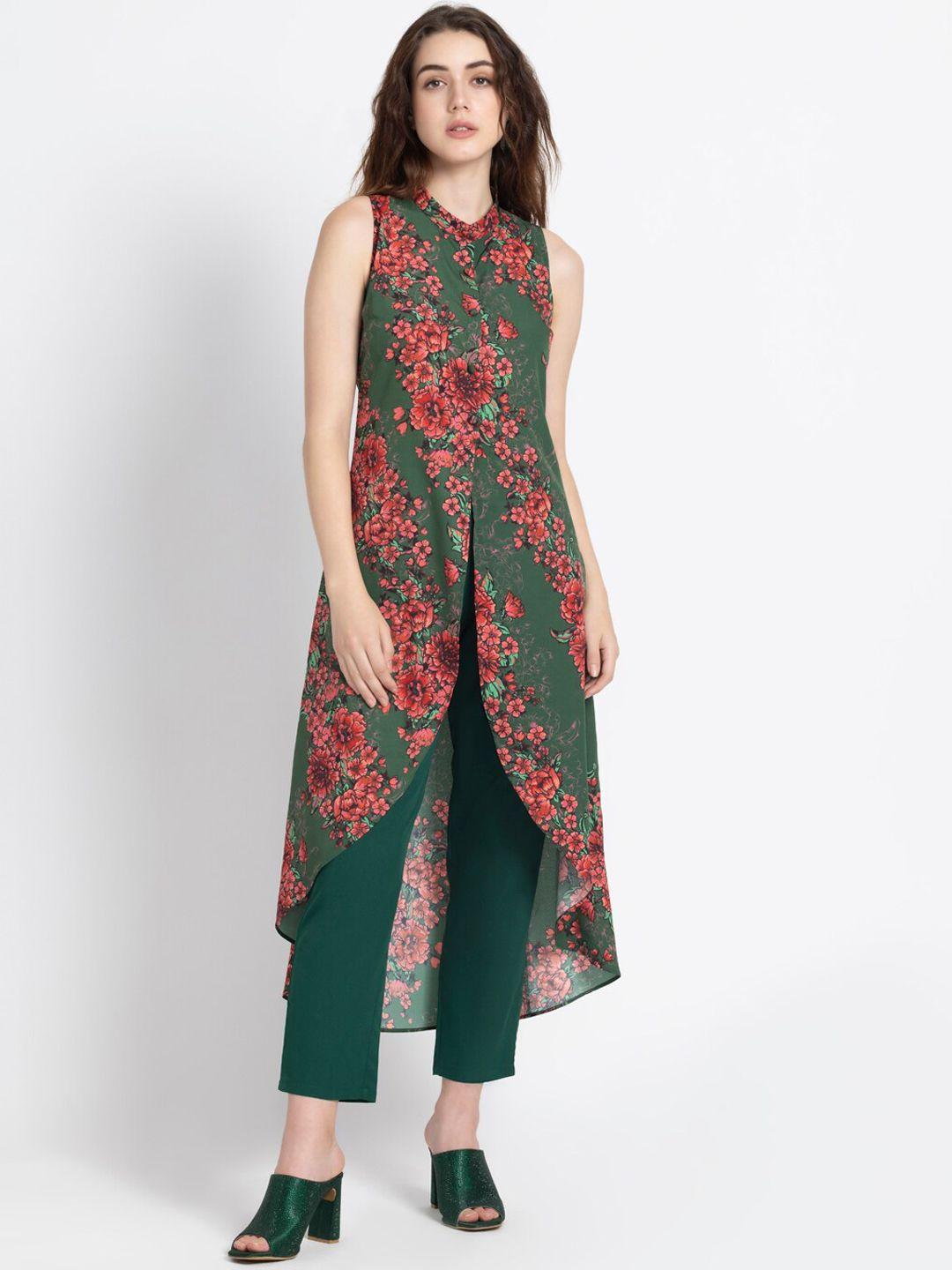 shaye floral printed band collar high slit a-line kurta with trouser