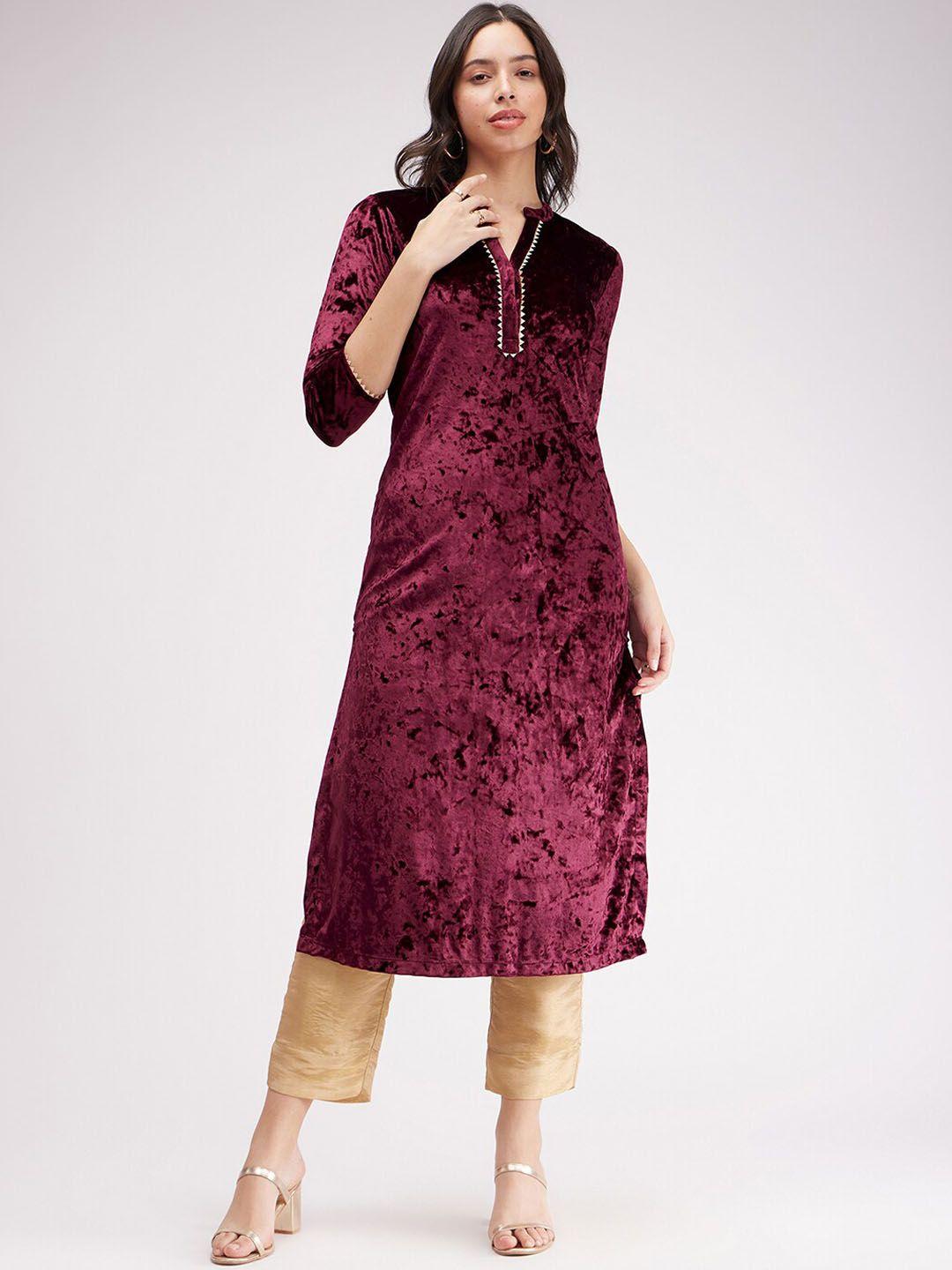 pink fort band collar gotta patti detail velvet kurta with trousers