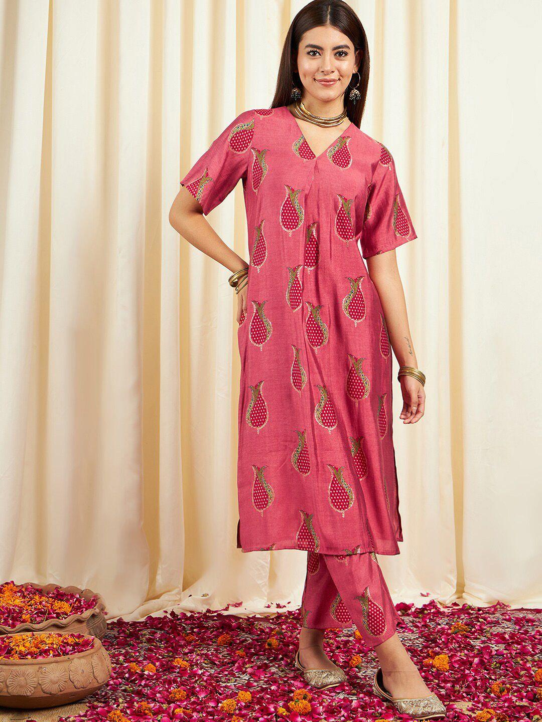 divyank ethnic motifs printed v-neck chanderi silk straight kurta with trousers