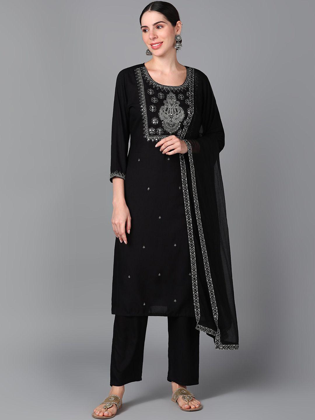 kalini ethnic motifs embroidered mirror work straight kurta with pyjamas & dupatta