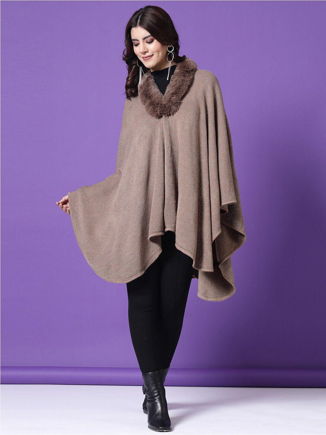 mafadeny fur detail v-neck longline poncho