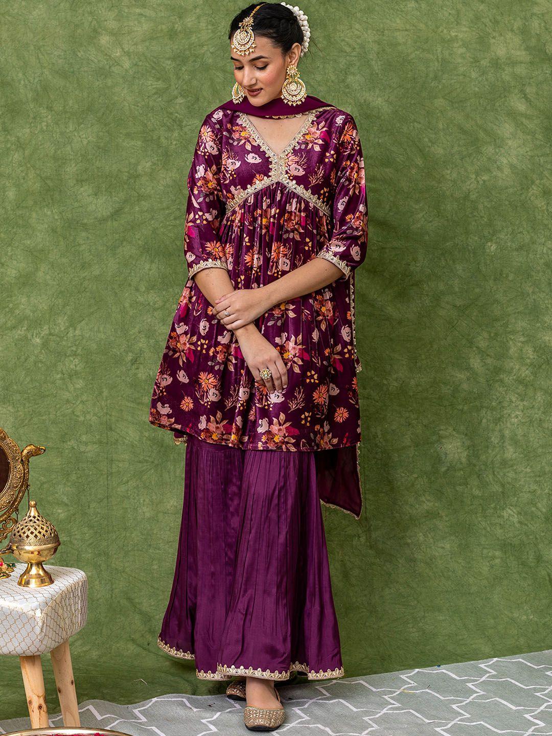 kasya floral printed velvet empire a-line gotta patti kurta with sharara & dupatta