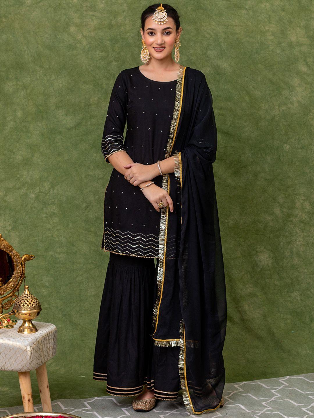 kasya embroidered regular sequinned kurta with sharara & dupatta