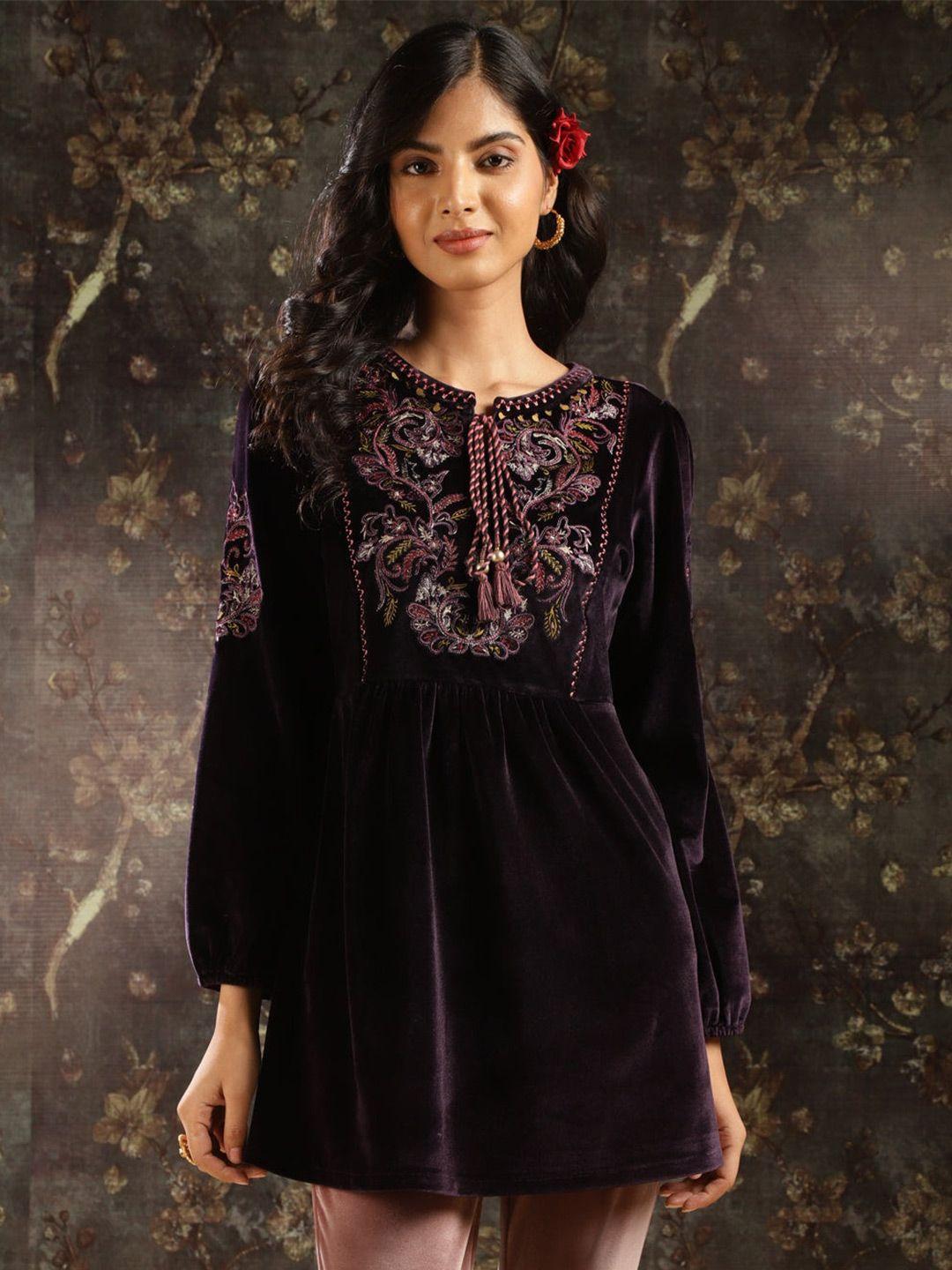 lakshita ethnic motifs embroidered velvet tunic