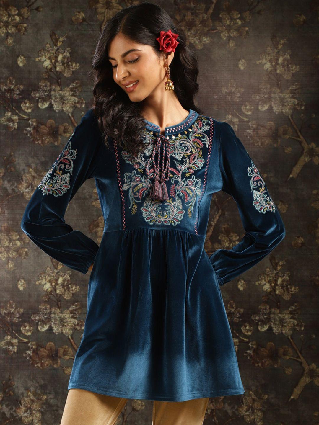 lakshita ethnic motifs embroidered velvet kurti