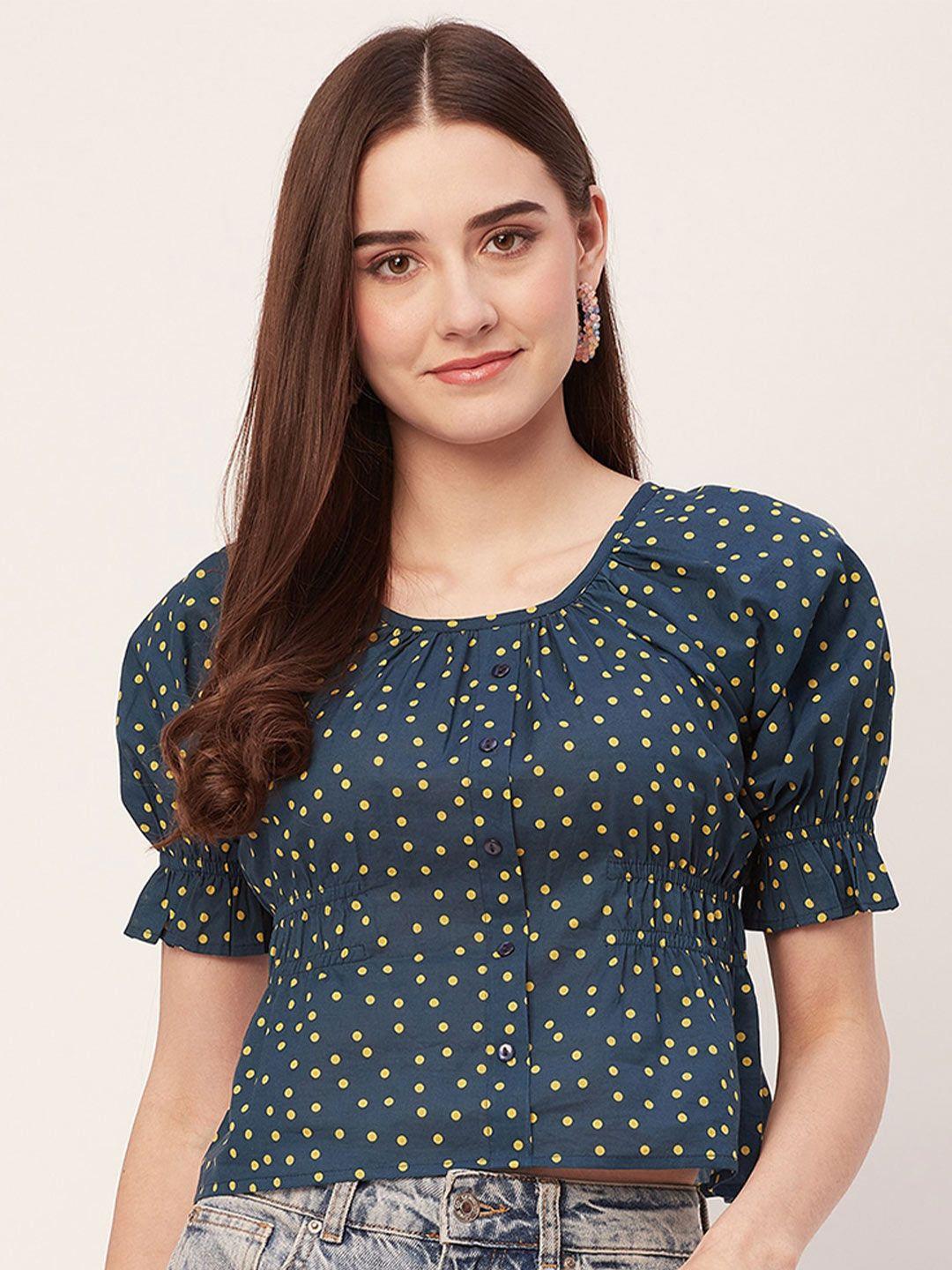 moomaya polka dot print puff sleeve pleated cotton regular crop top