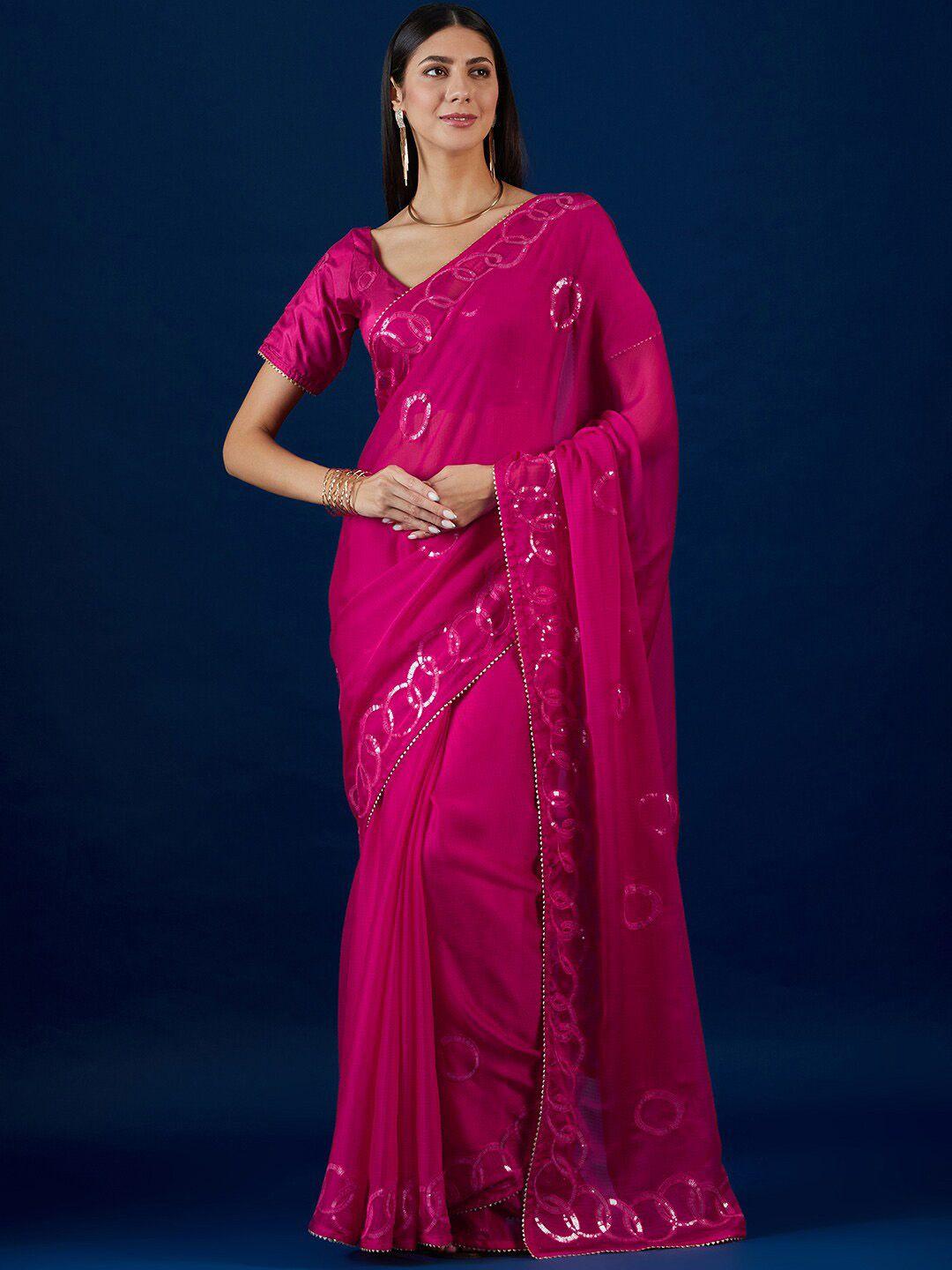 anouk pink geometric embellished sequinned pure chiffon saree with gotta patti detail