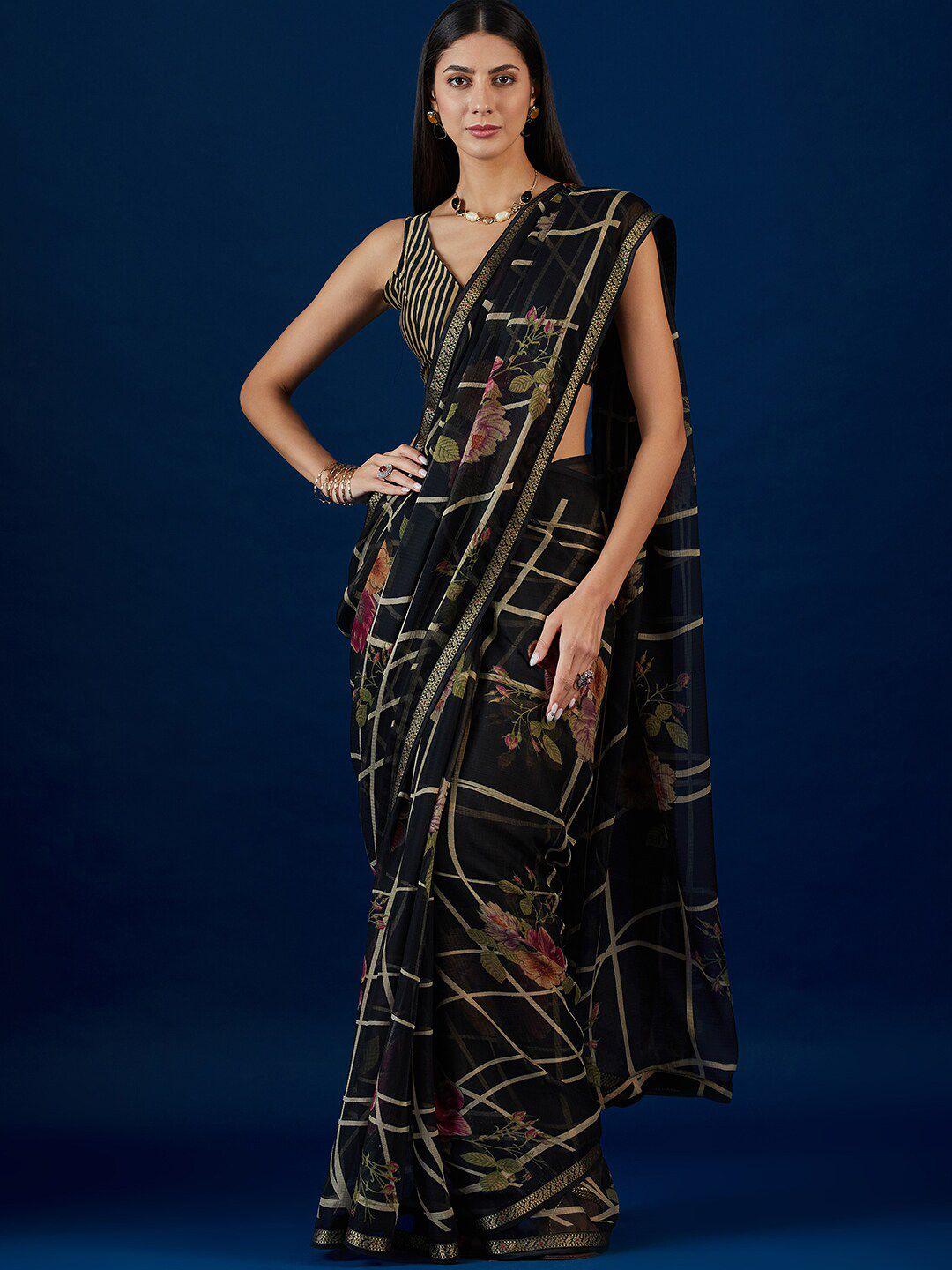 anouk black & gold toned floral printed pure chiffon saree with lace border