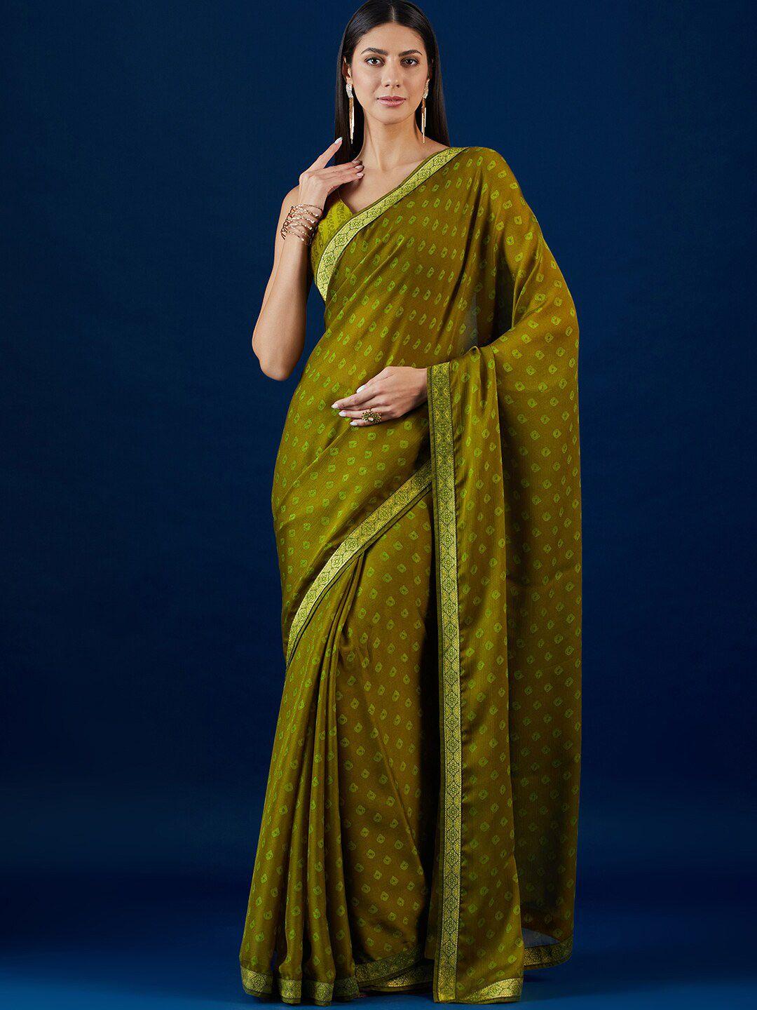 anouk olive green bandhani printed pure chiffon bandhani saree