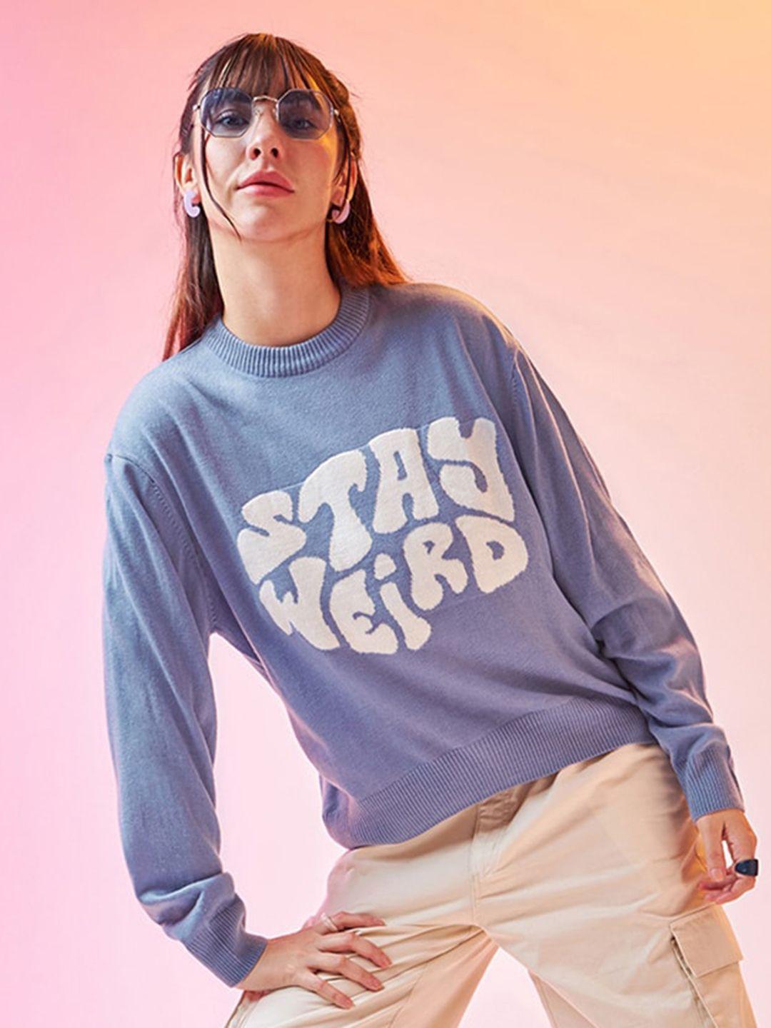 bewakoof blue typography printed pullover acrylic sweater