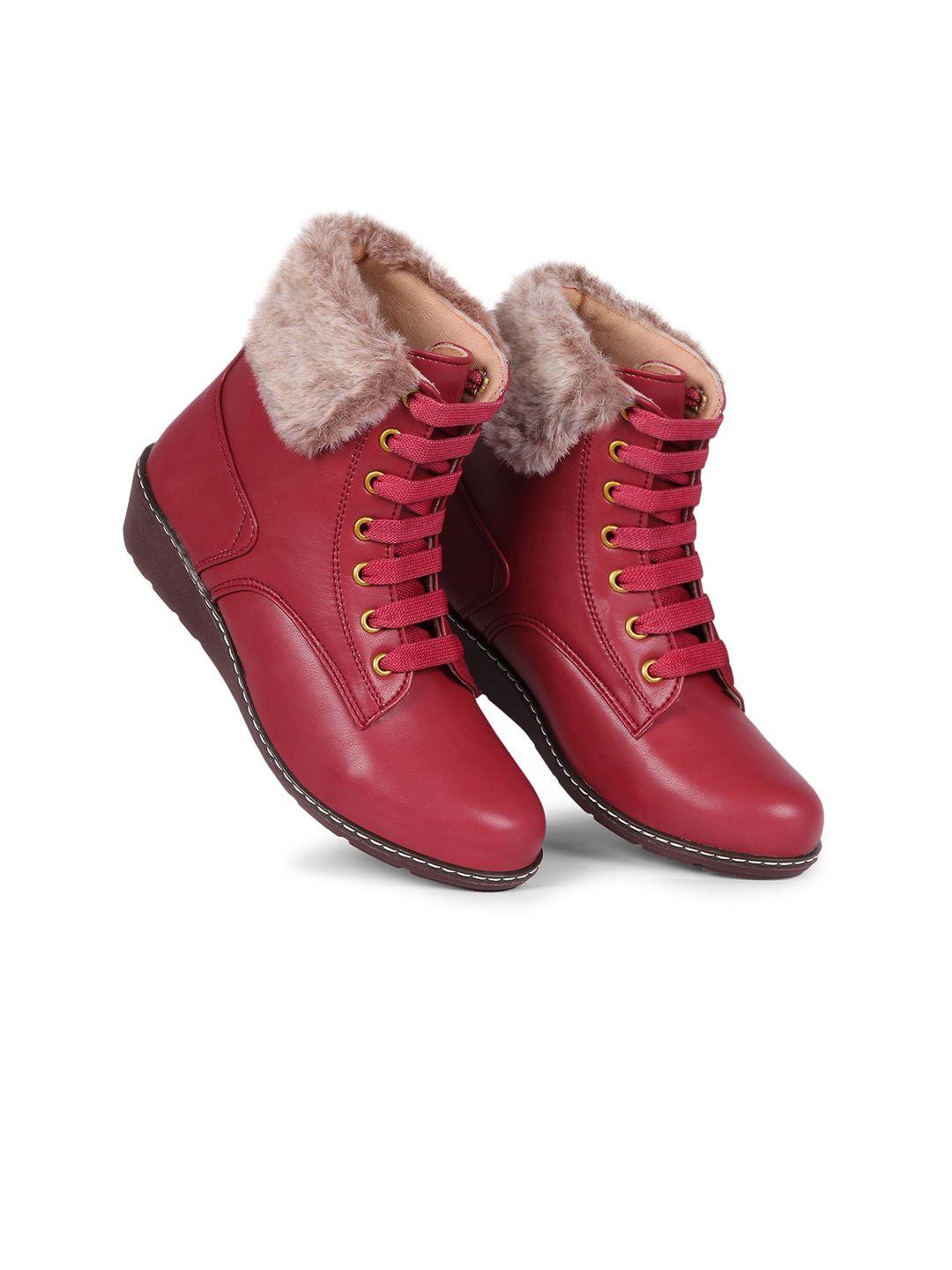 the roadster lifestyle co. women maroon mid top wedge faux fur trim regular boots