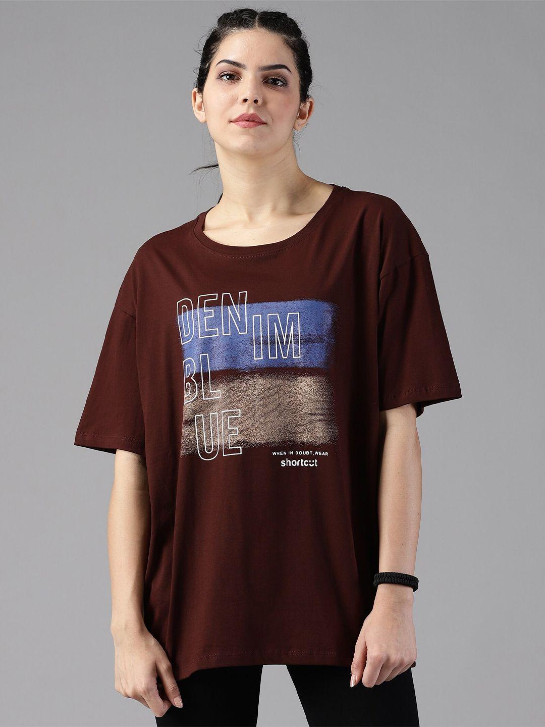 the roadster life co. brown typography printed pure cotton longline oversized t-shirt