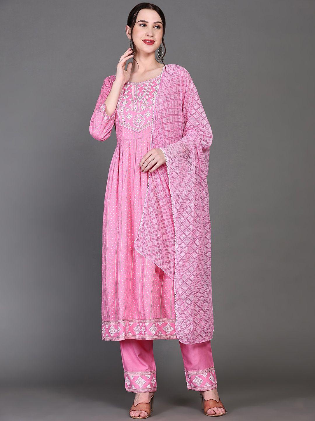 kalini polka dots printed a-line kurta with trousers & dupatta