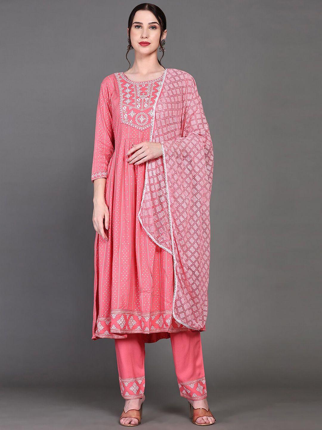 kalini ethnic motifs printed a-line thread work kurta with trousers & dupatta