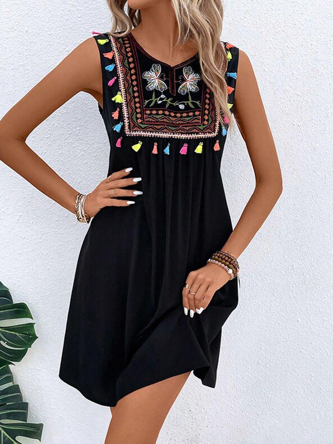 stylecast black & xiketic ethnic motifs print fringed a-line dress