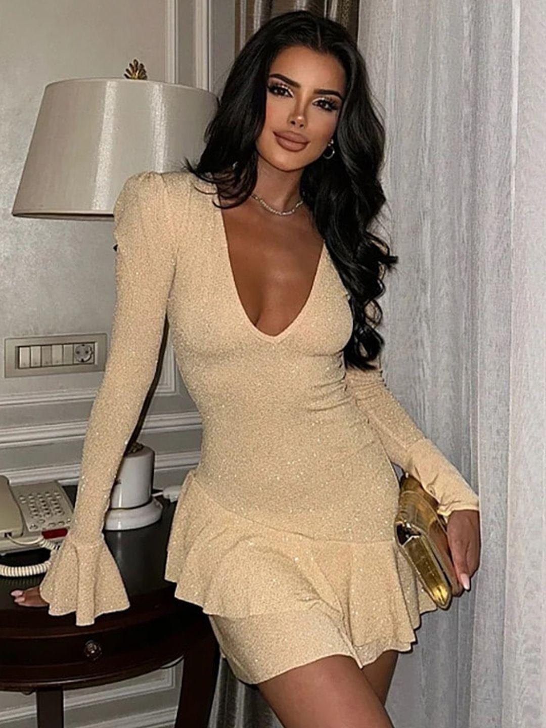 stylecast beige & cuban sand bell sleeve layered bodycon dress