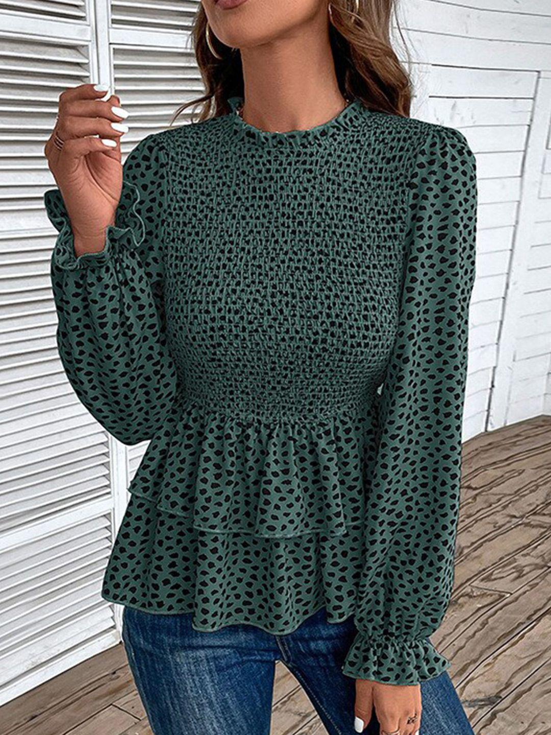 stylecast green & black animal printed smocked peplum top