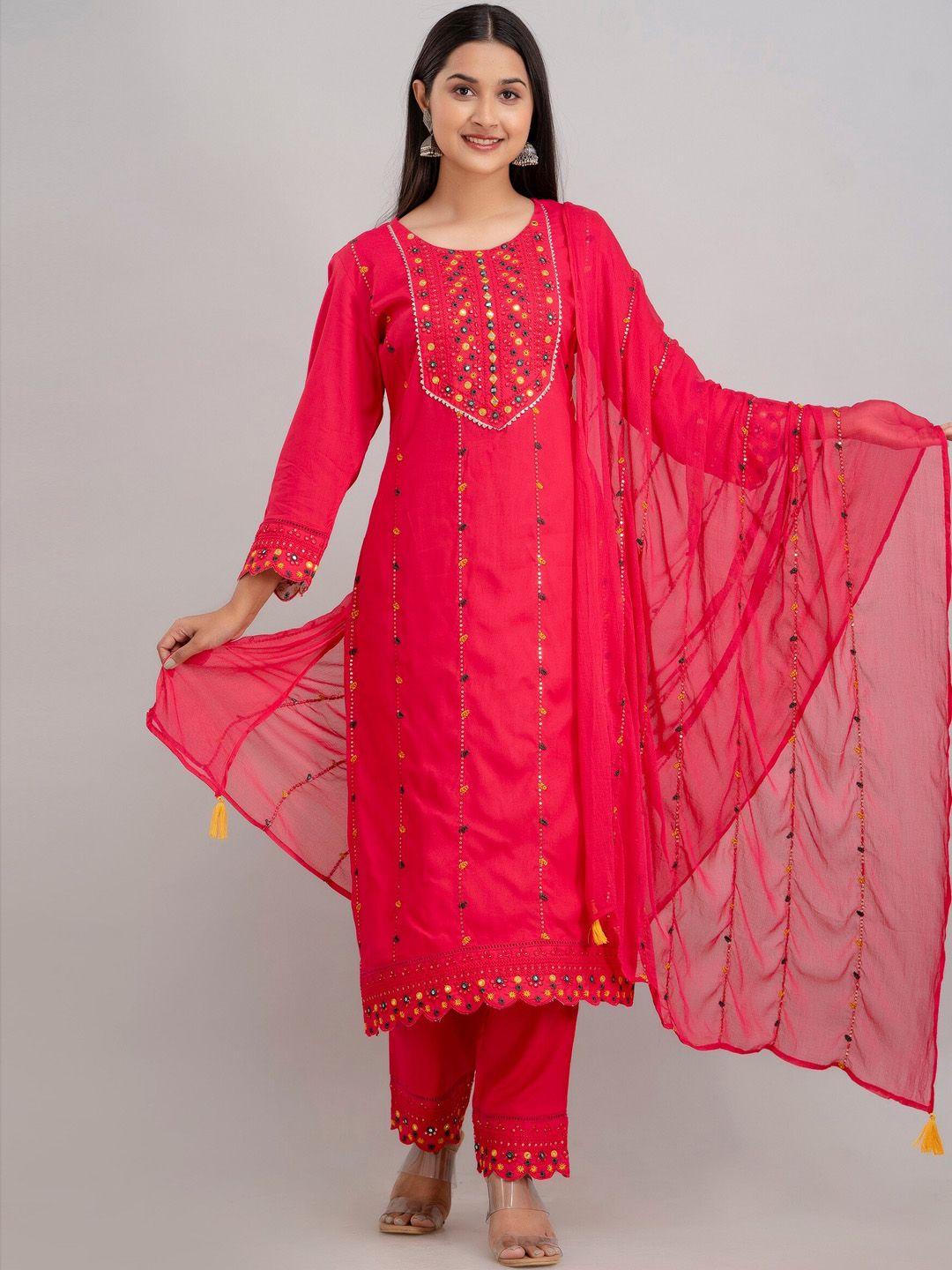 charu floral embroidered mirror work regular kurta with trousers with dupatta