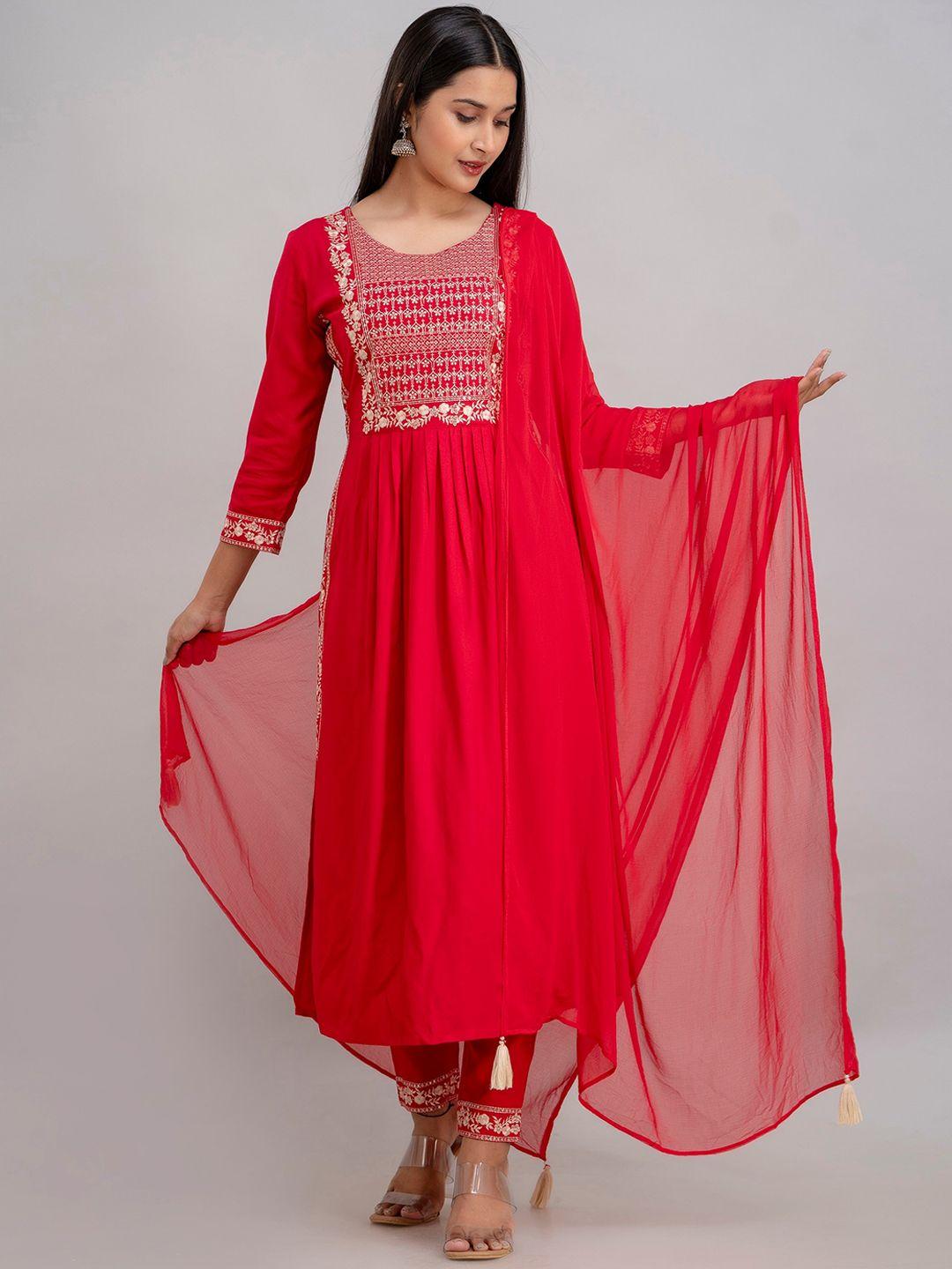 charu floral yoke design thread work pleated straight kurta & trouser with dupatta