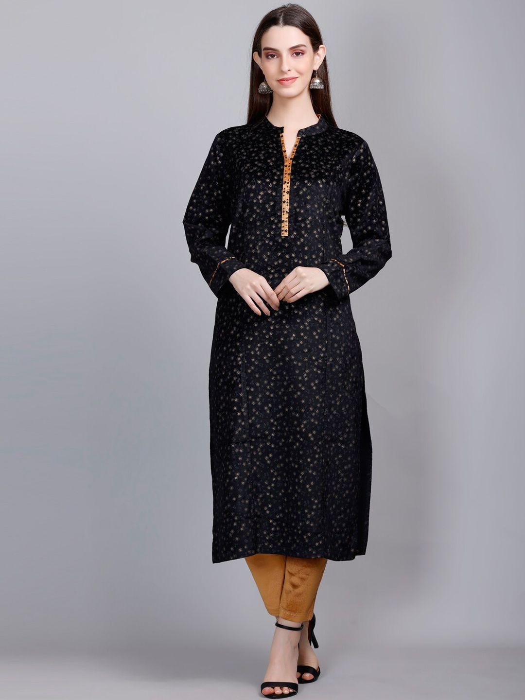 velvtine floral printed mandarin collar regular velvet kurta with trousers