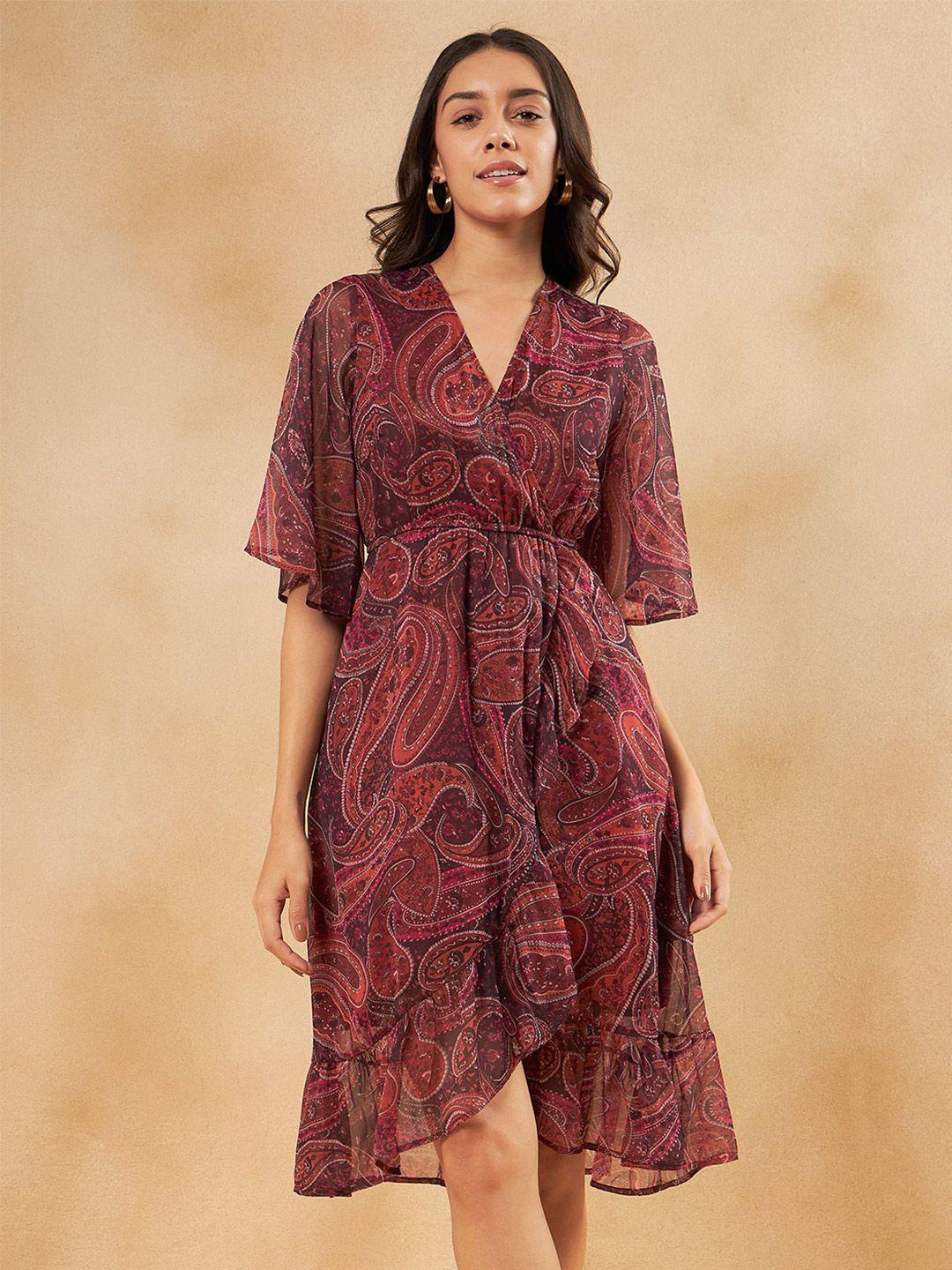 femella paisley print flared sleeves ruffled tulip hem midi wrap dress