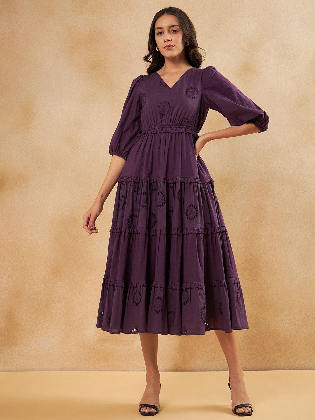 femella puff sleeve ruffled tiered schiffli pure cotton fit and flare midi dress