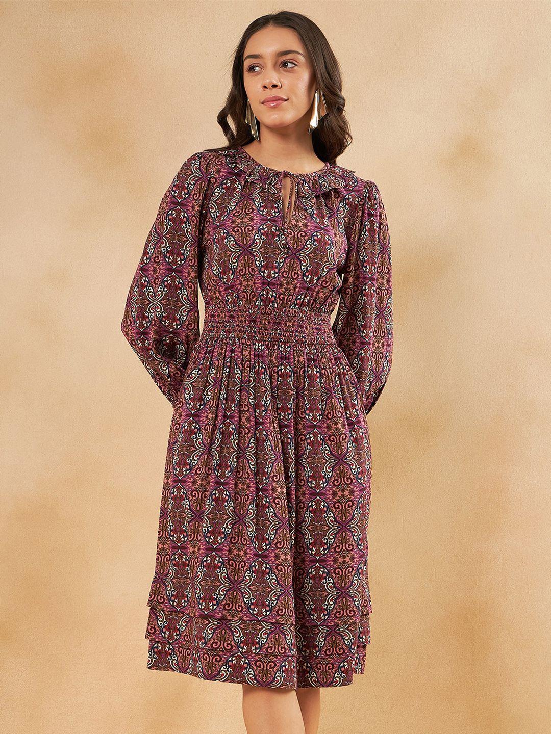 femella ethnic motifs printed smocked puff sleeve tiered fit and flare midi dress