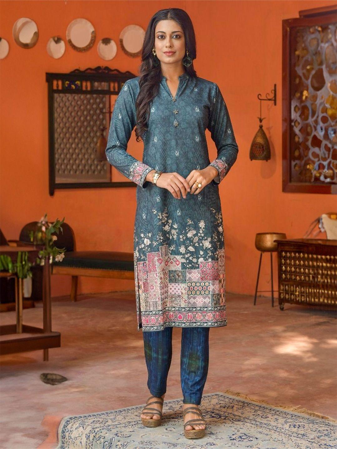 idhu floral printed mandarin collar straight kurta