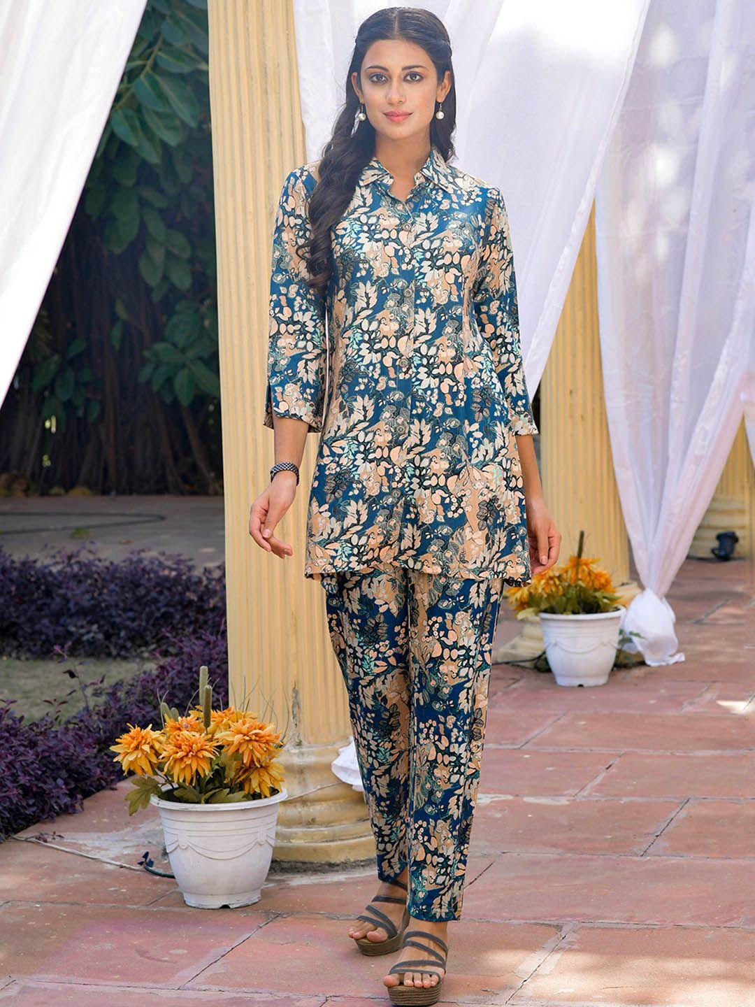 idhu floral printed shirt collar kurti with trousers