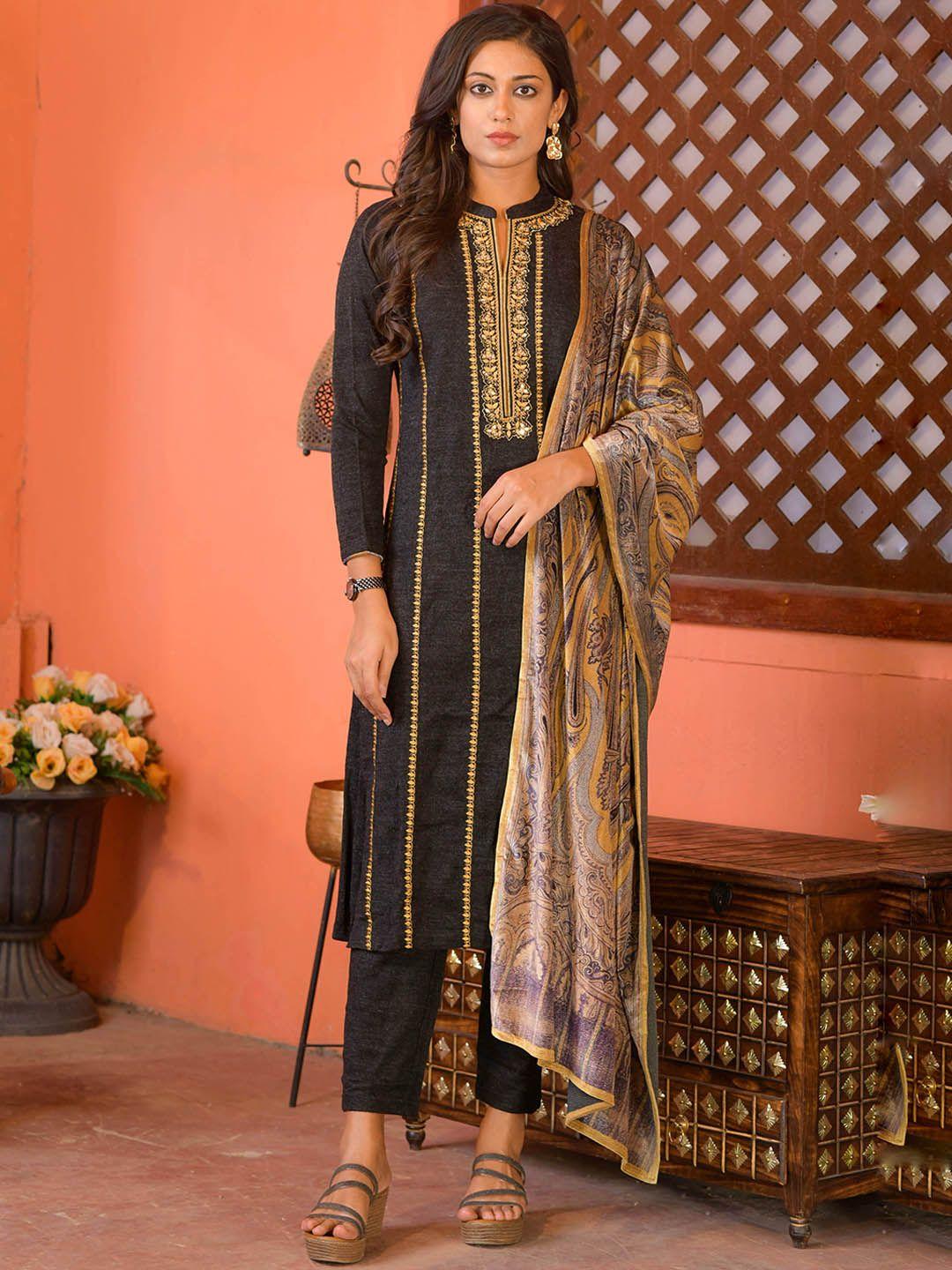 idhu ethnic motifs yoke design mirror work acrylic kurta with trousers & dupatta