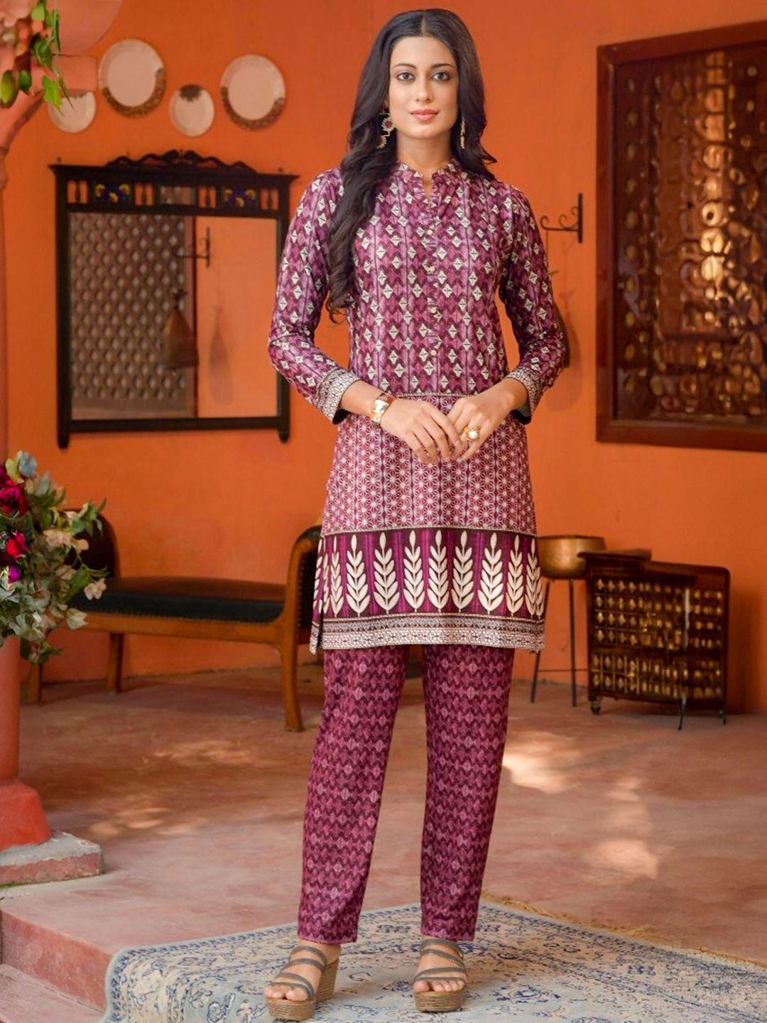 idhu ethnic motifs printed mandarin collar straight kurta with trousers