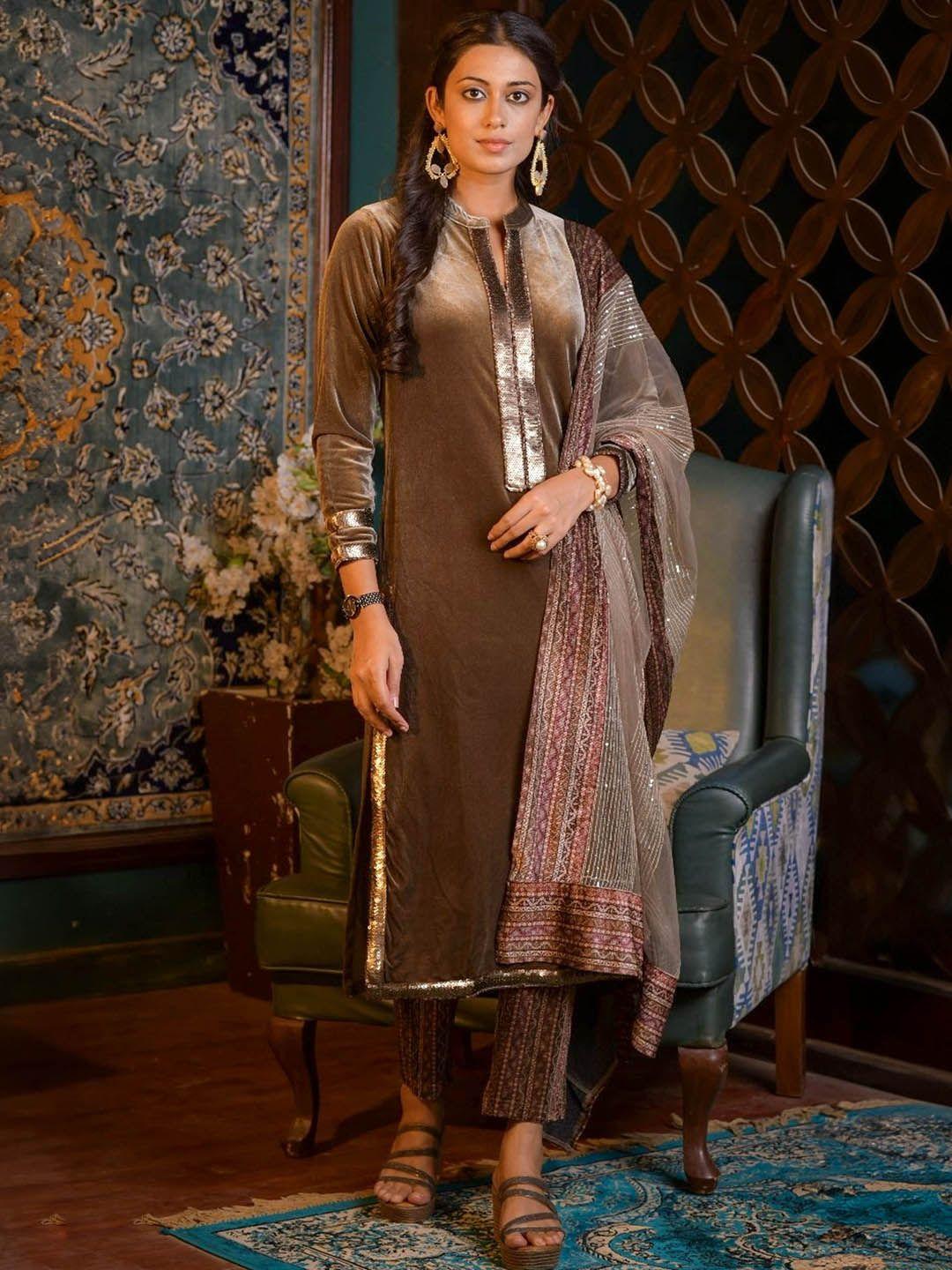 idhu sequinned straight kurta with trousers & dupatta