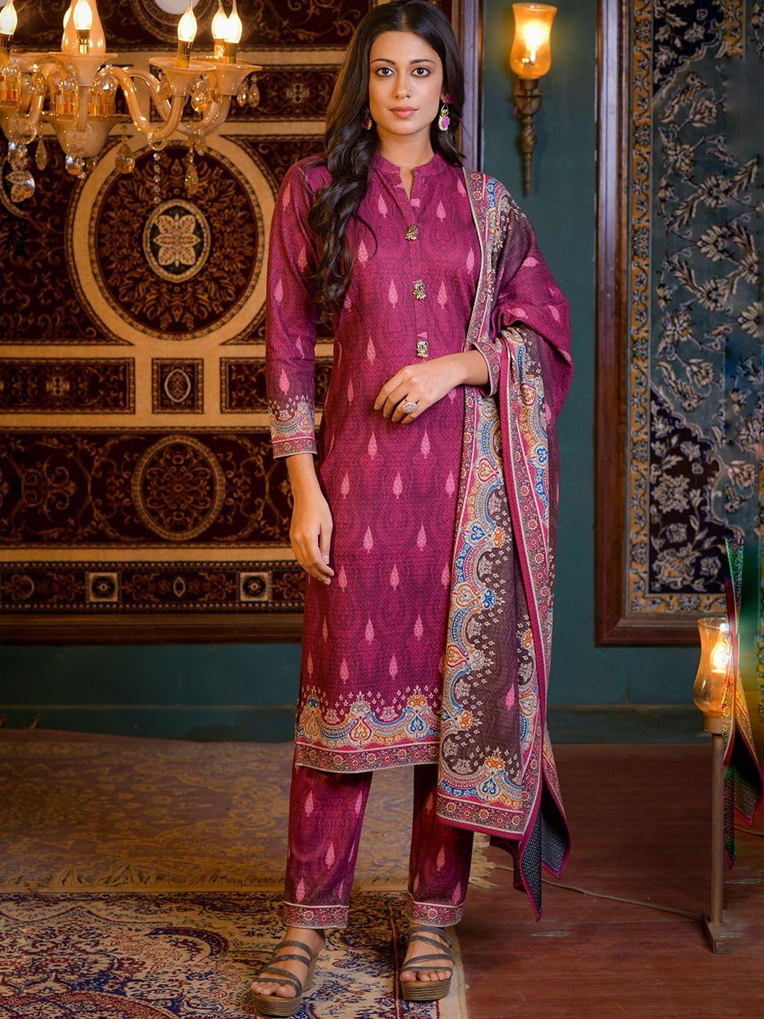 idhu ethnic motifs printed kurta with trousers & dupatta