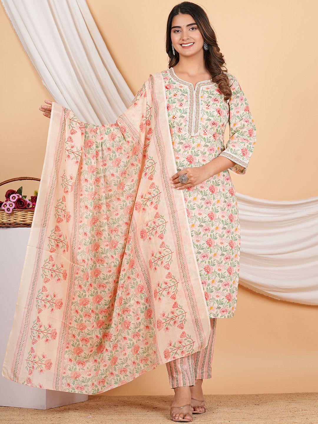 zoyoto floral printed mirror work pure cotton straight kurta with trousers & dupatta