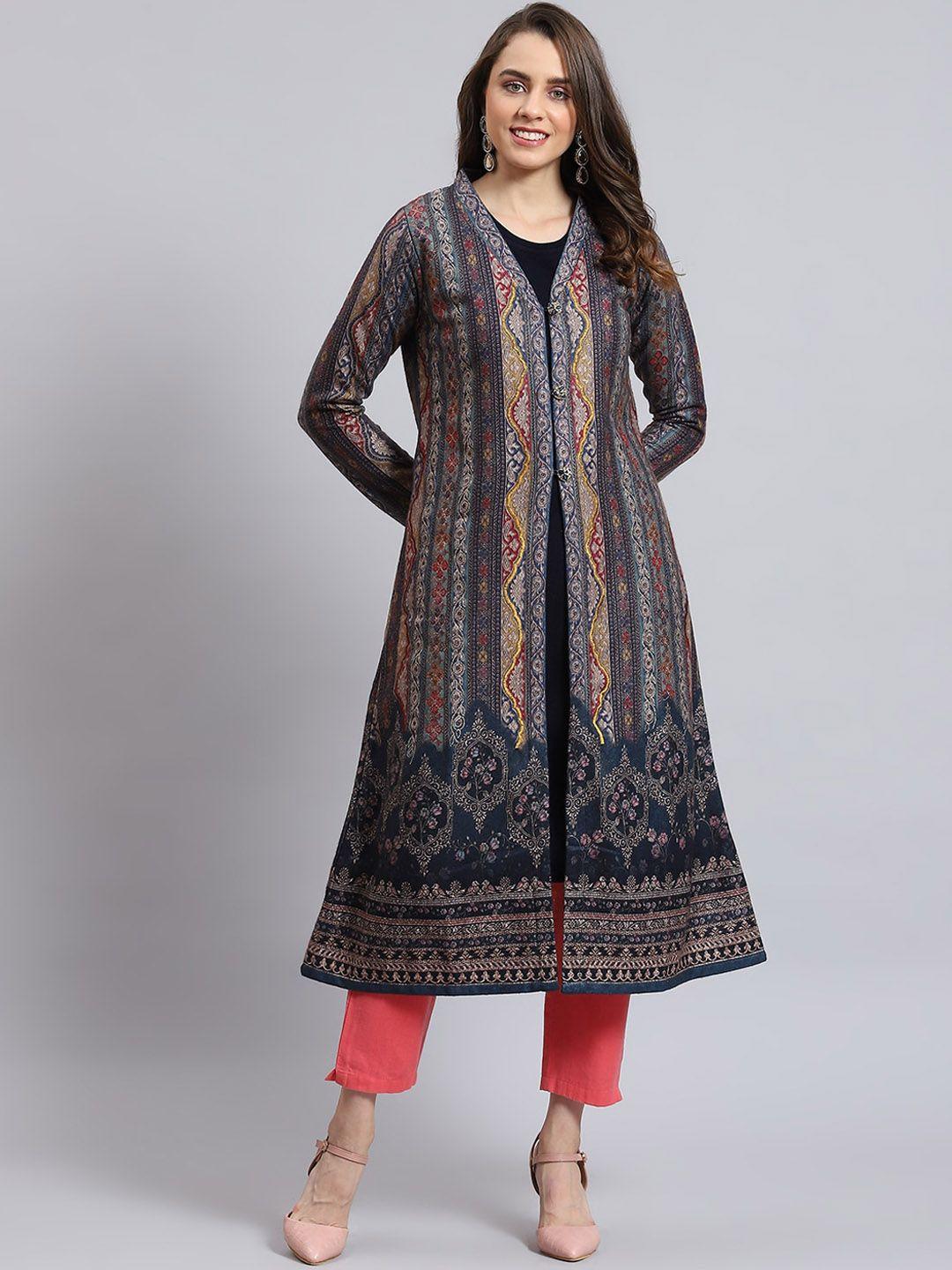 monte carlo straight kurta with printed longline jacket