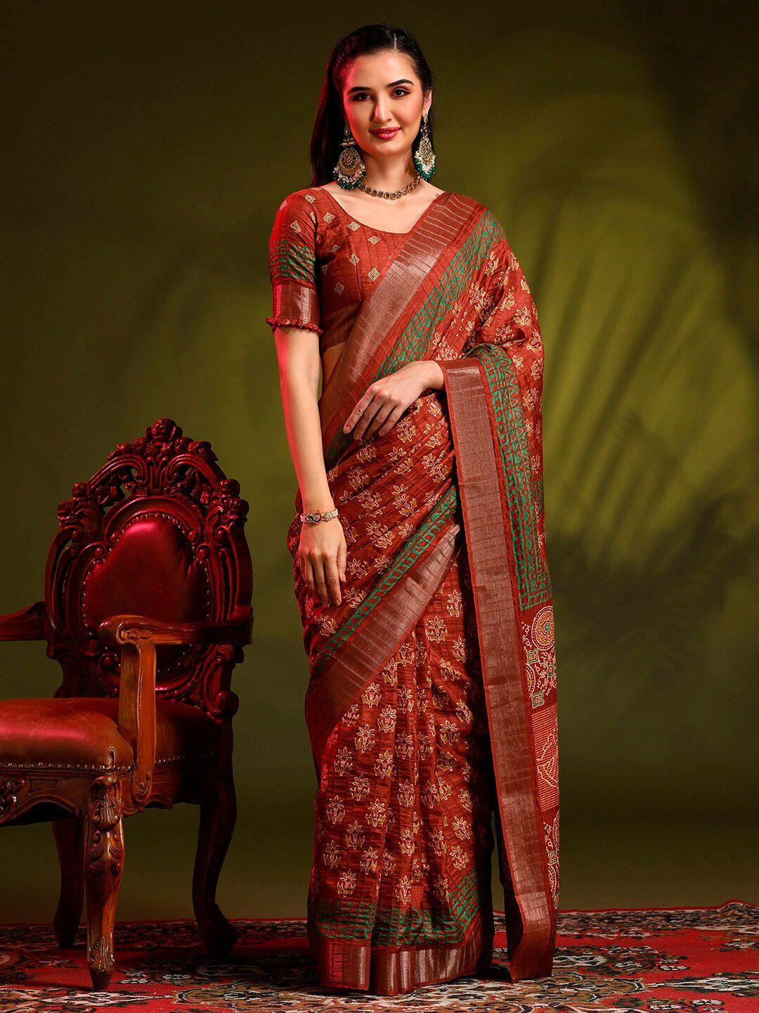 anouk rust floral printed zari sungudi saree