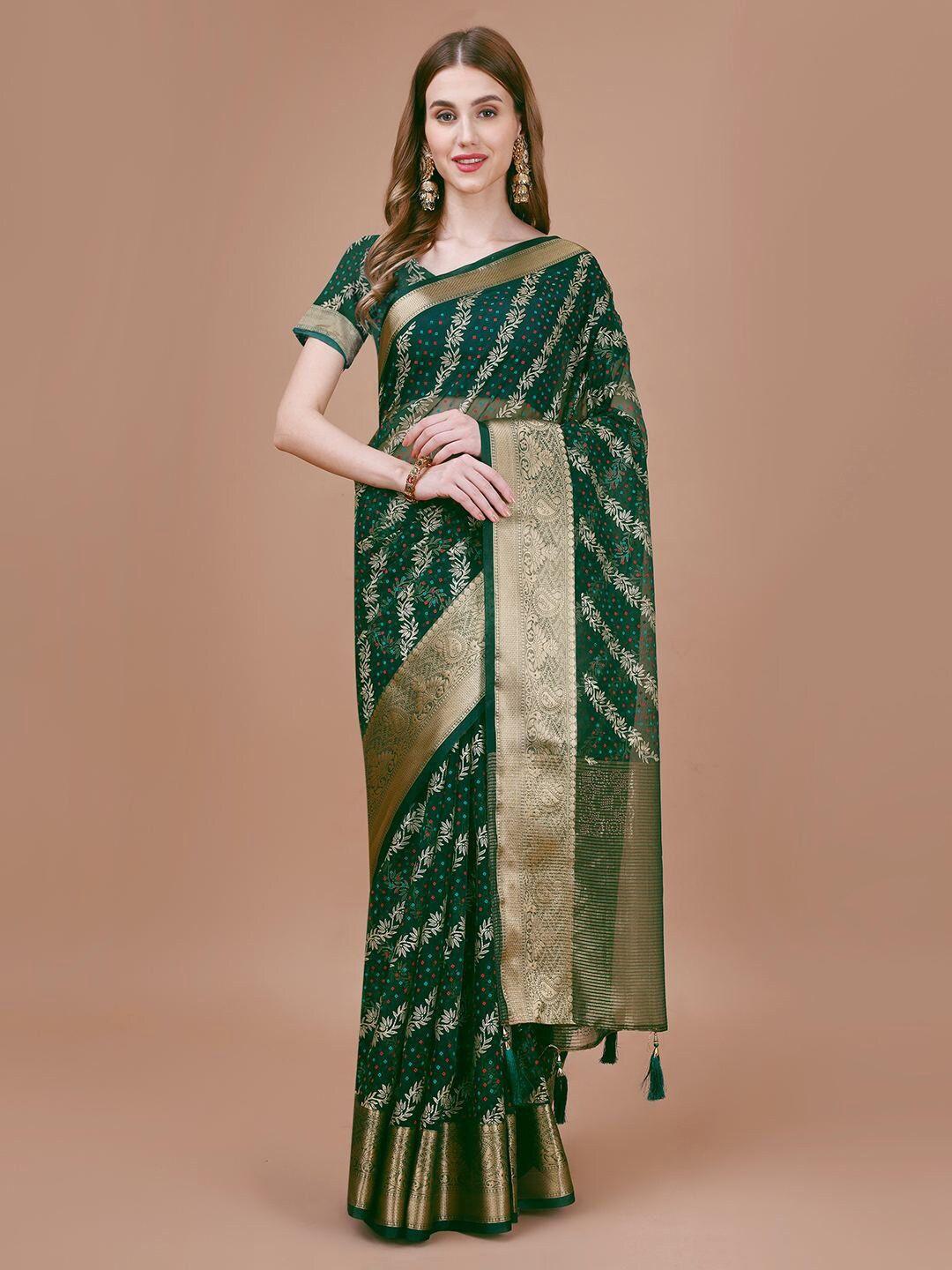 mitera green floral printed zari detailed organza saree